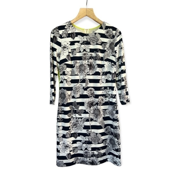 Eliza J Navy & White Floral Stripe 3/4 Sleeve Sheath Dress, Size 8 - Picture 1 of 12